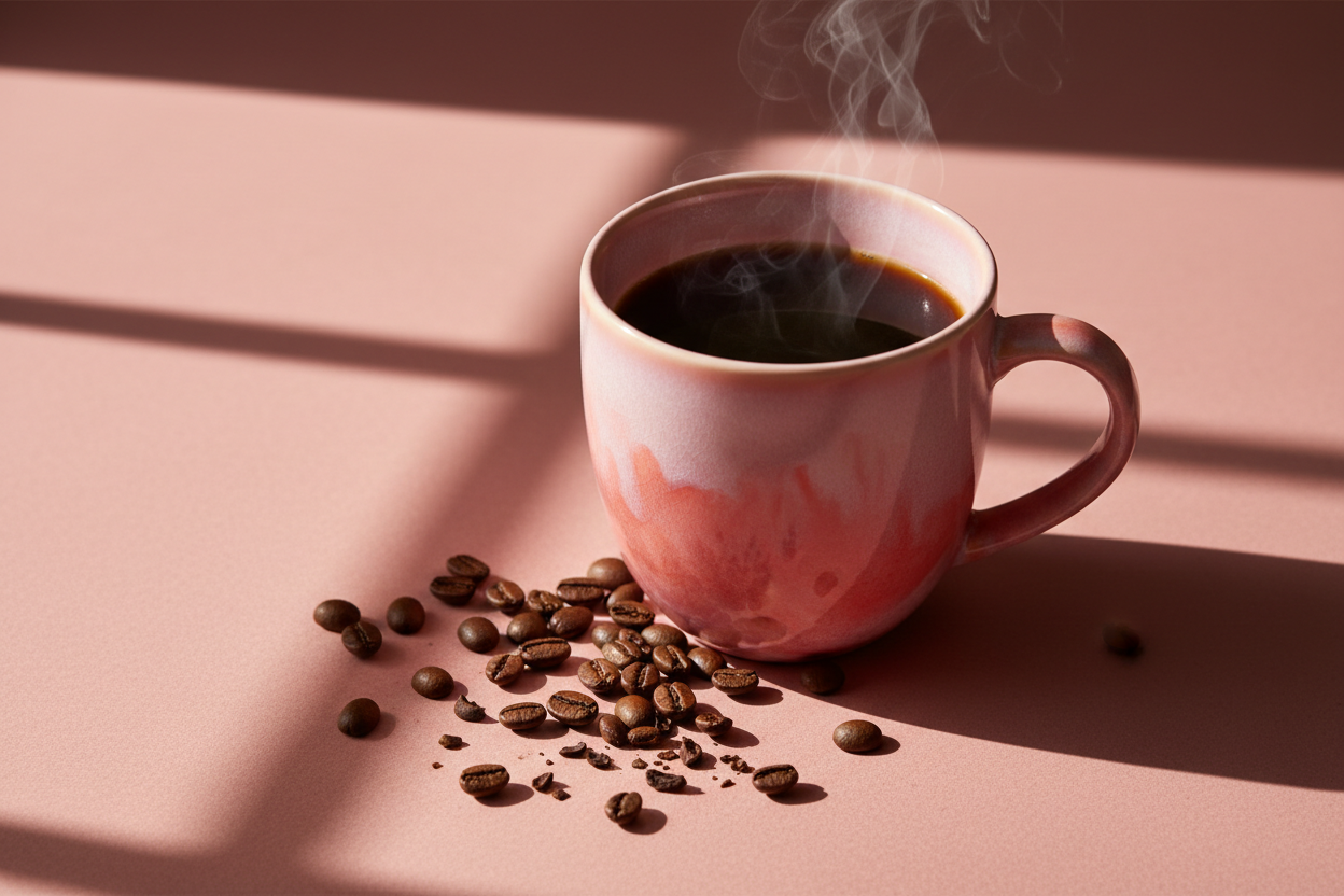 monochromatic pink/salmon color coffee mug on pink/salmon background, with visible black coffee liquid and coffee beans sprinkled around the mug. light shines from an out-of-frame window casting shadows across the image